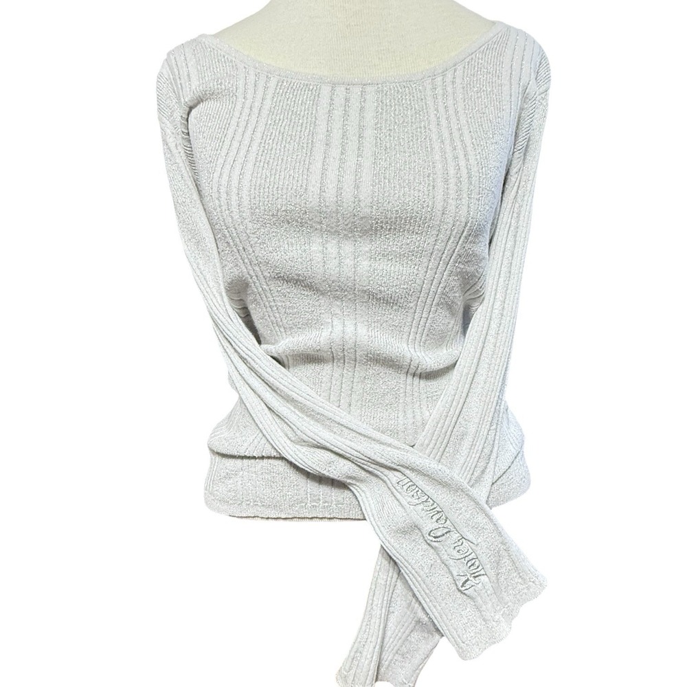 Harley Davidson‎ Women's Y2K Sparkle Sweater Embroidered Sleeve Silver Metallic